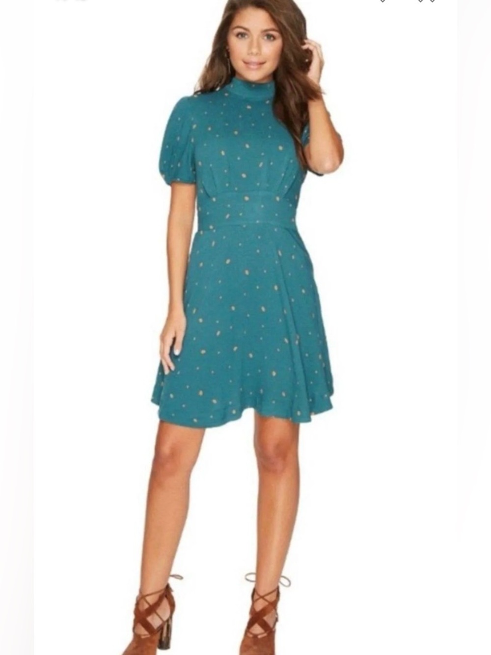Free People Abbie Reversible Printed Dress Green Comb Puff Sleeve NWT Size 10